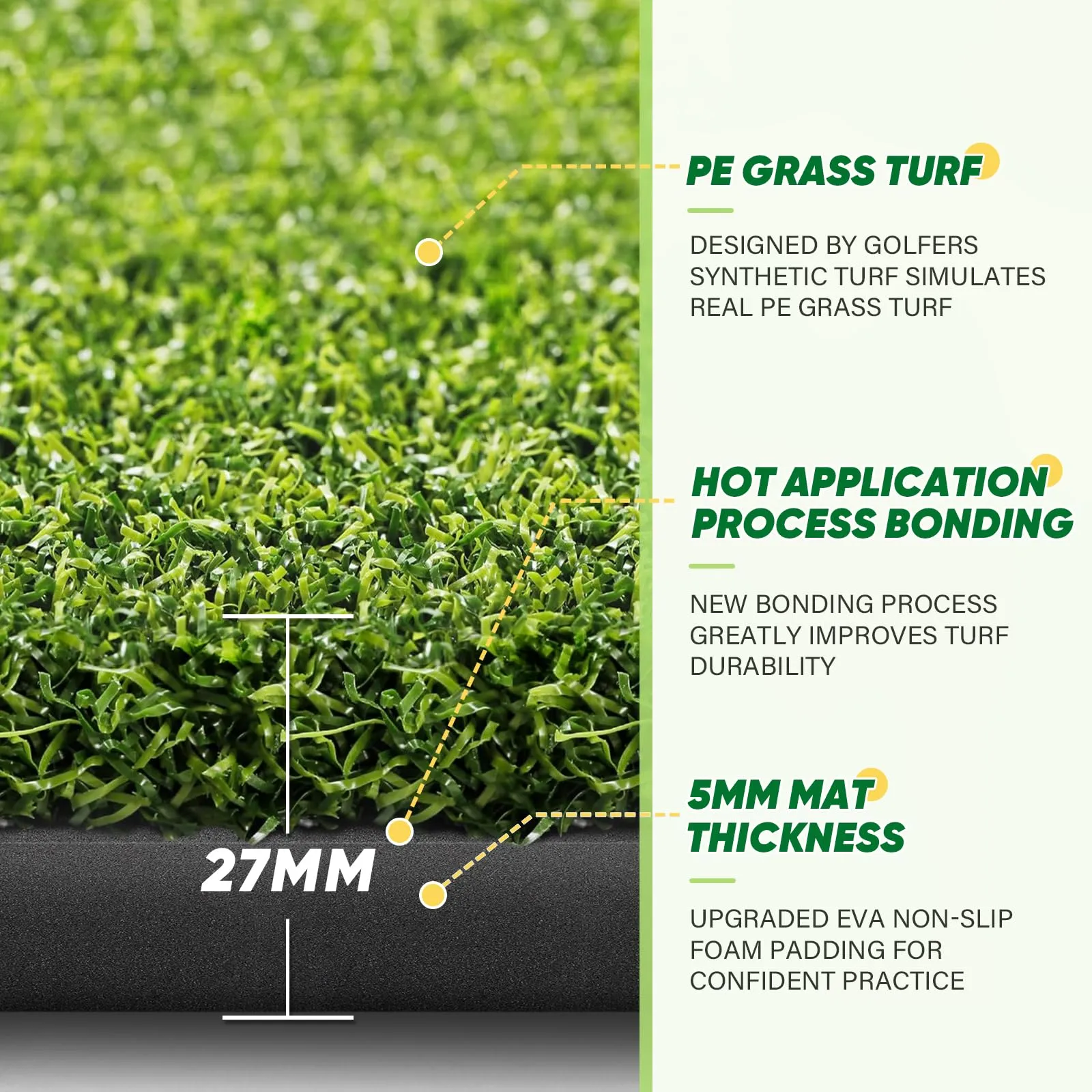 BestGolf BestGolf 27MM Professional Golf Mat, 5x4ft Exclusive PE Grass & Hot Pressed Turf for Indoor & Outdoor Hitting Practice Backyard Training with 9 Golf Balls & 9 Tees