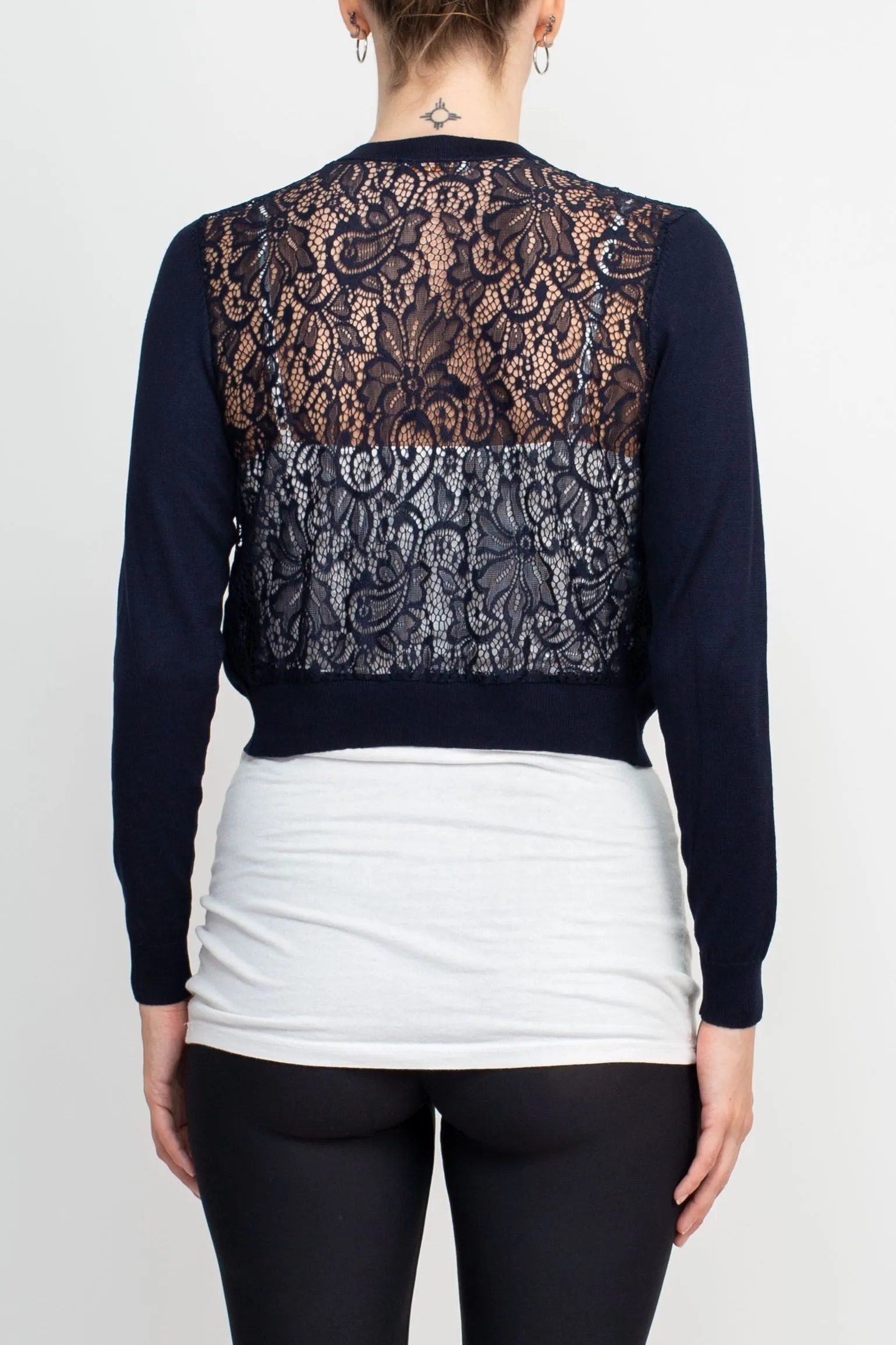 Crew Neck Open Front Lace Back Knit Jacket