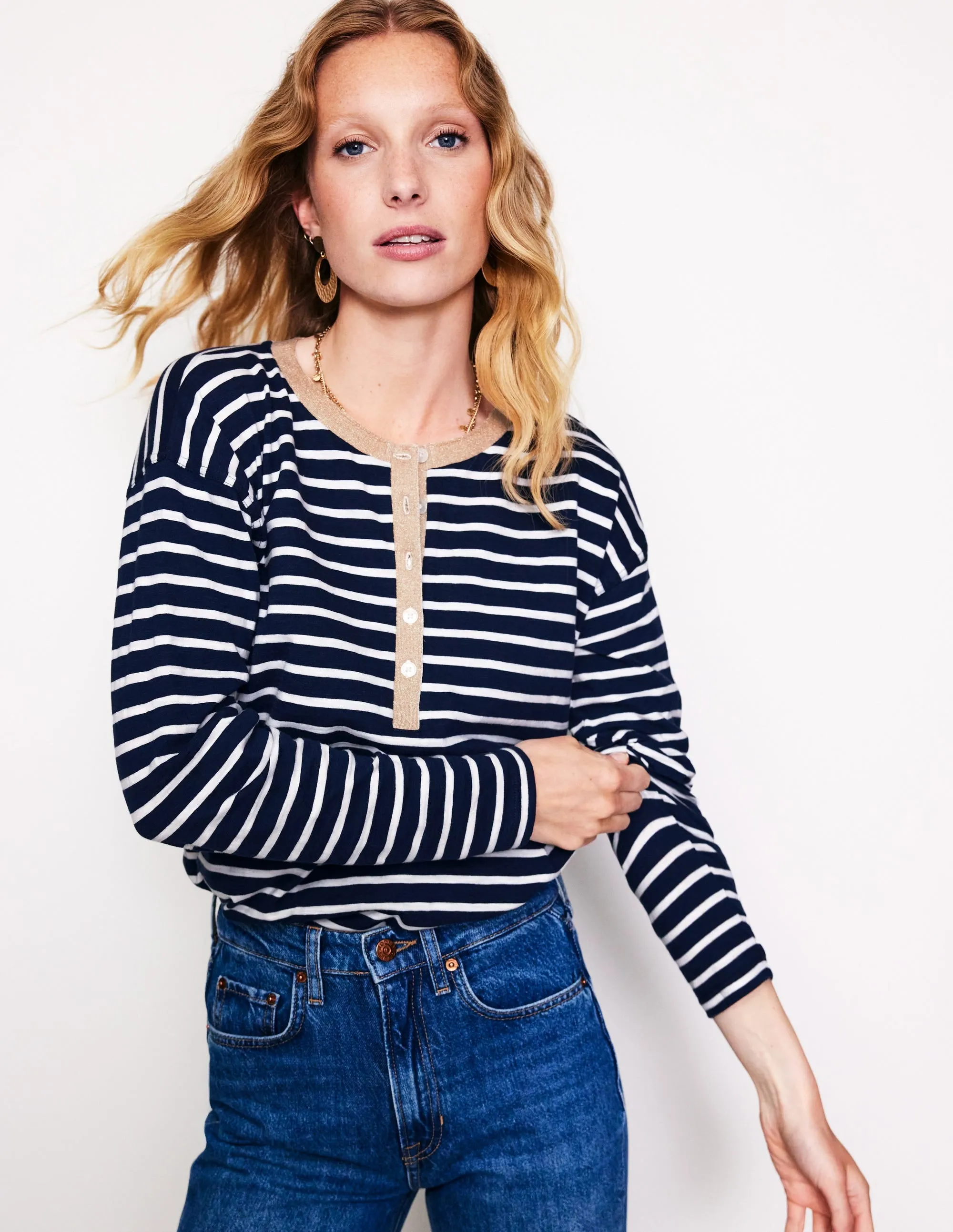 Metallic Trim Henley Top-Navy, Ivory Stripe