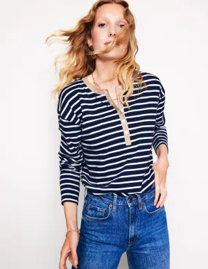 Metallic Trim Henley Top-Navy, Ivory Stripe