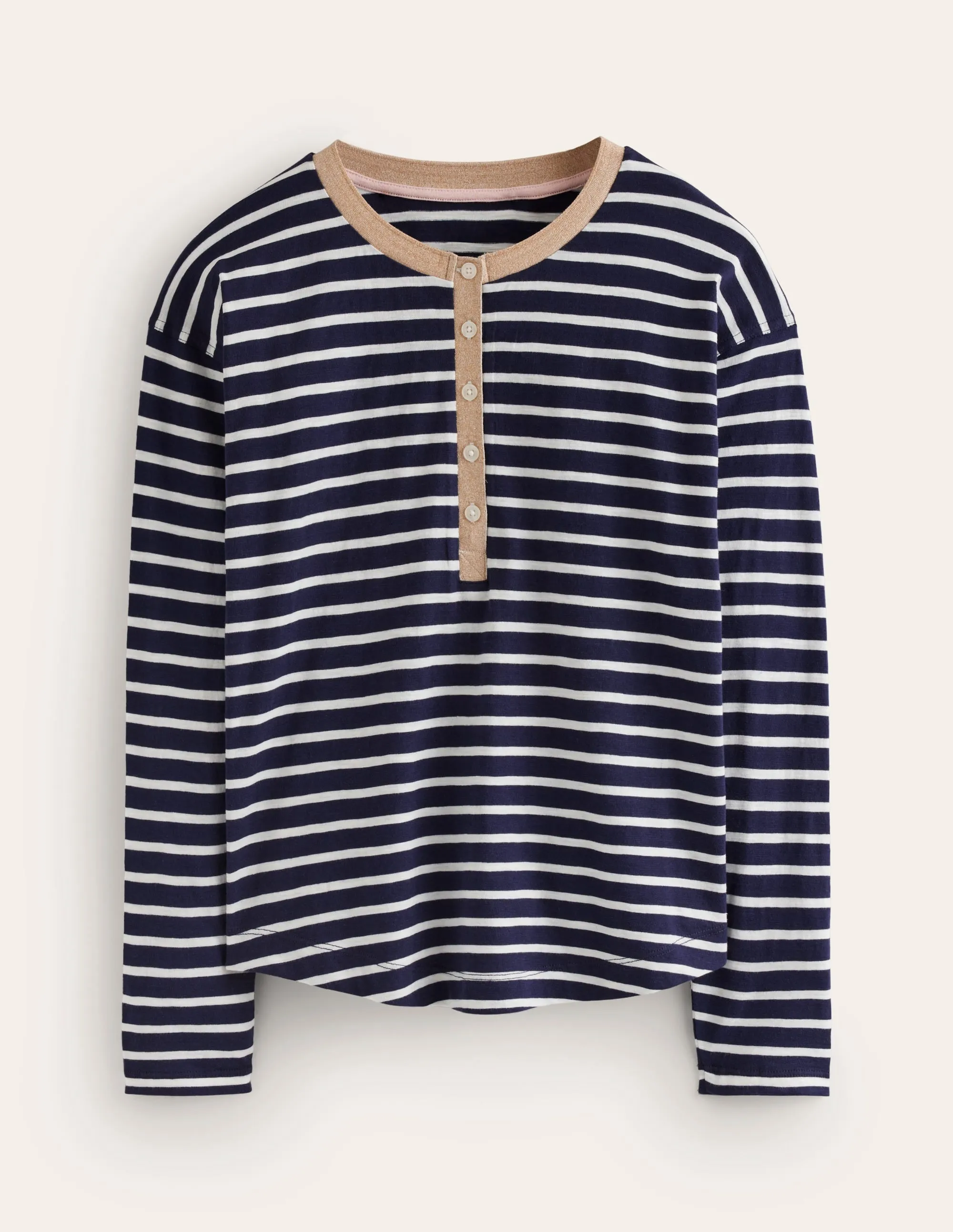 Metallic Trim Henley Top-Navy, Ivory Stripe