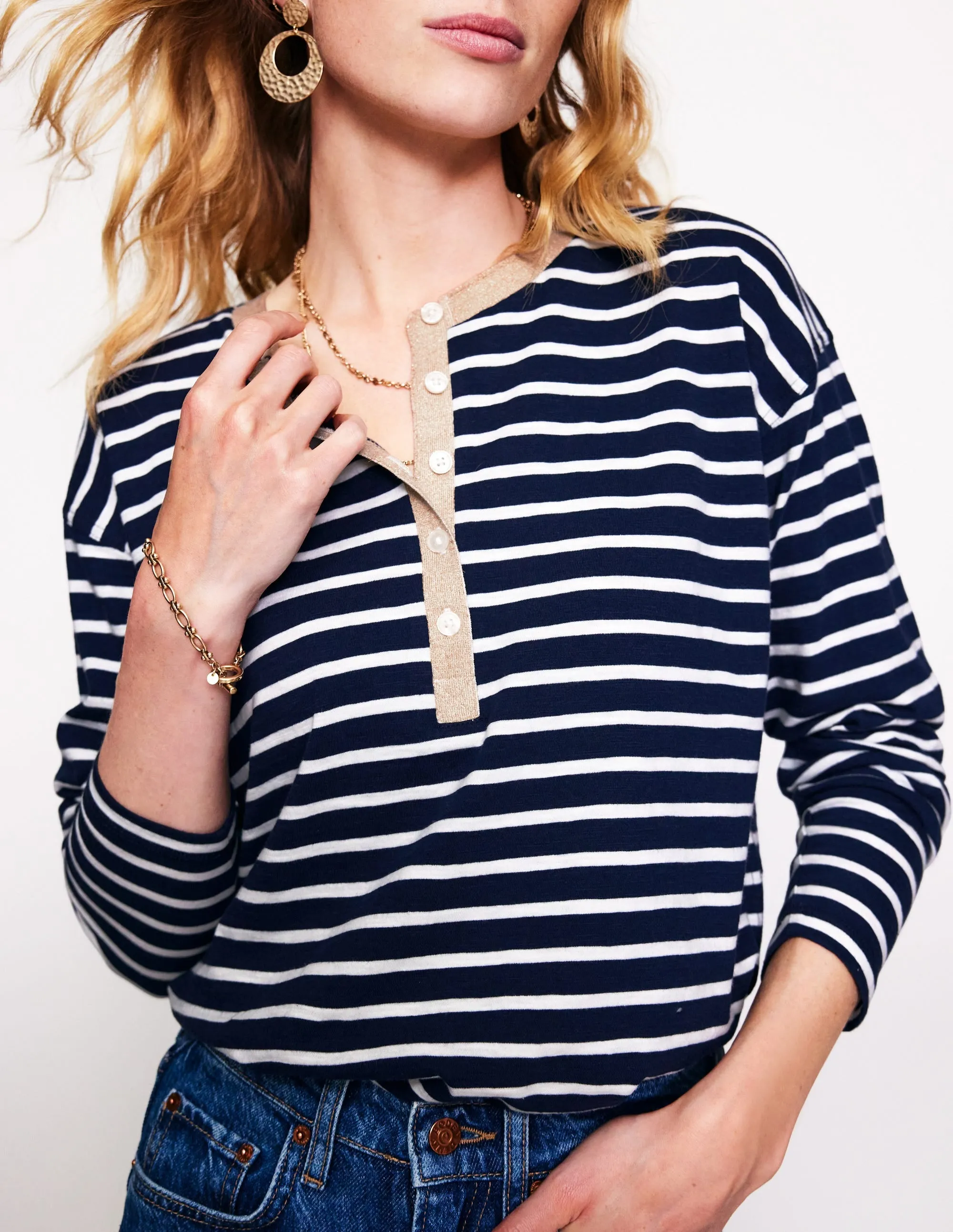 Metallic Trim Henley Top-Navy, Ivory Stripe