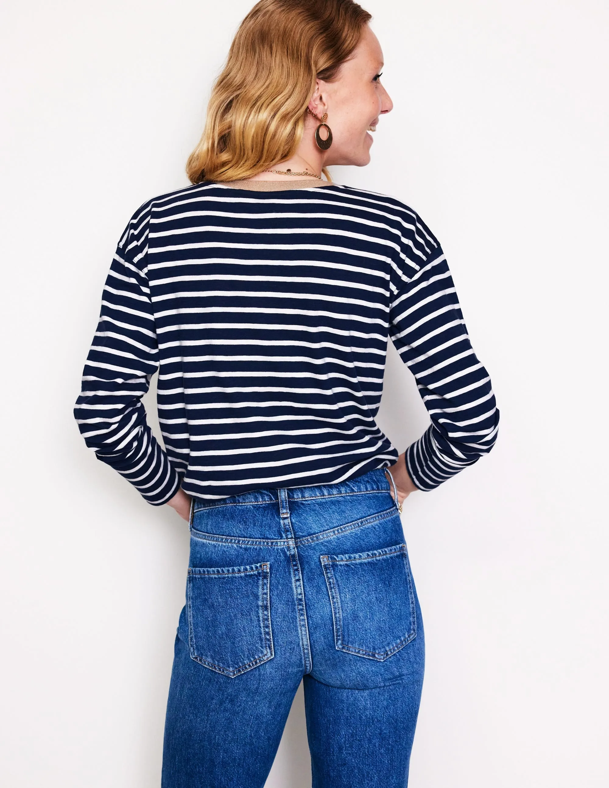 Metallic Trim Henley Top-Navy, Ivory Stripe