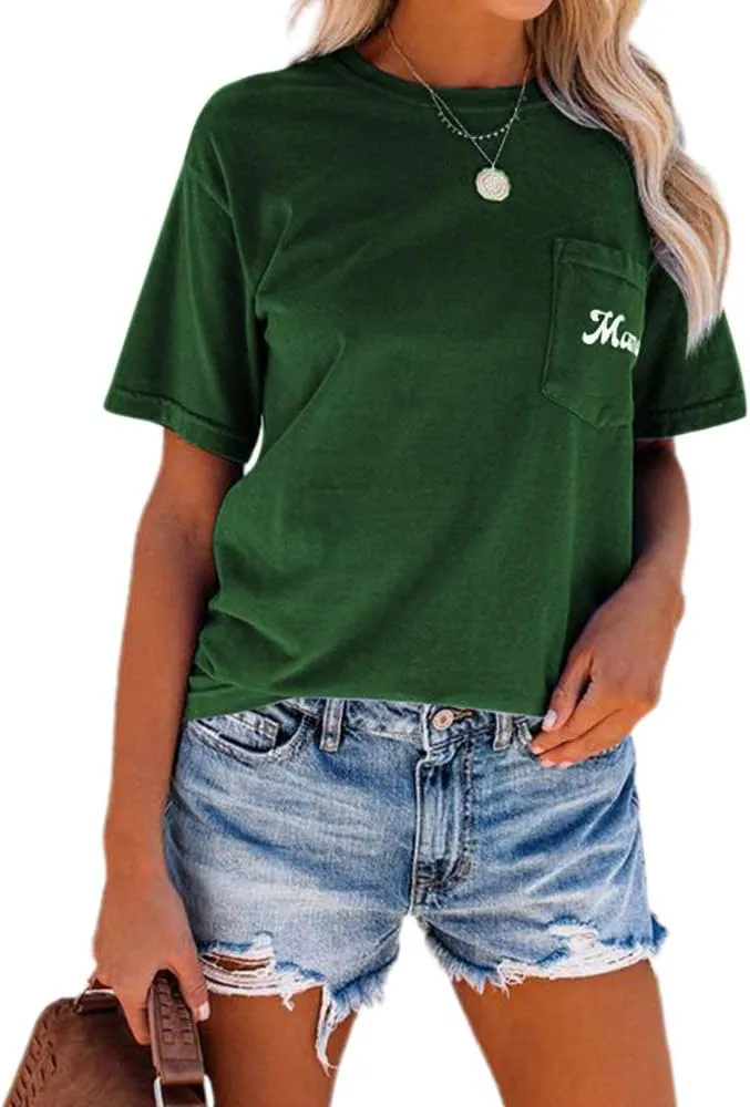 NIUBIA Women's Letter Print Basic Crew Neck Tee Summer Short Sleeve T-Shirt with Pockets Loose Fitting Tops