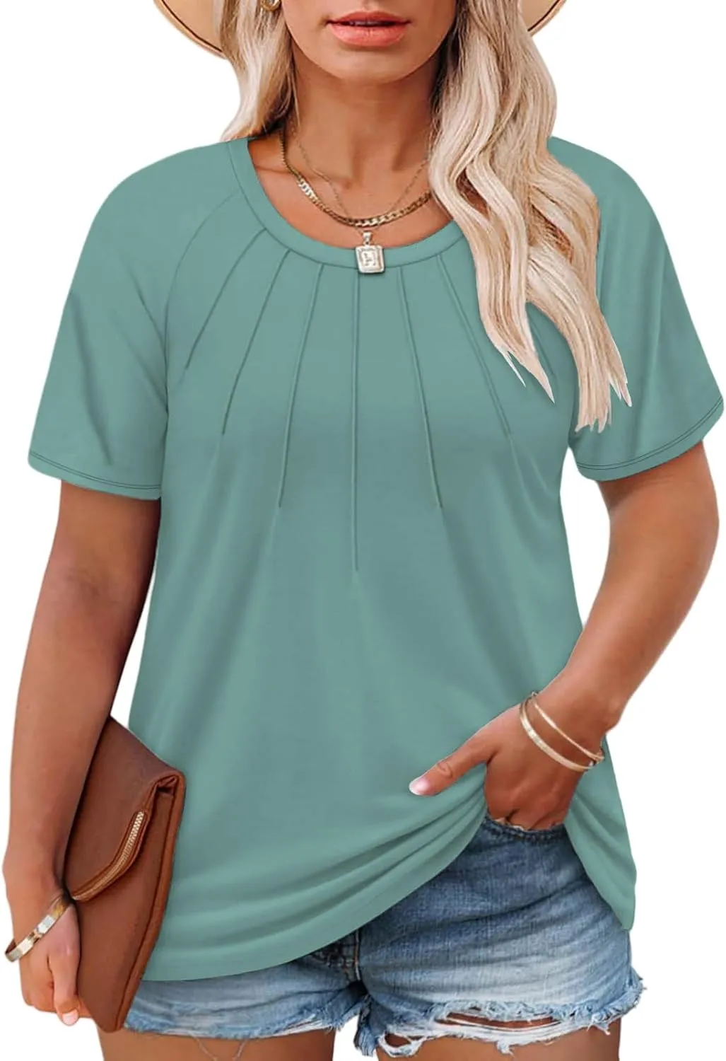 ROSRISS Plus Size Tops for Women Summer Casual Pleated Tees Cute Short Sleeve T Shirts Crew Neck Blouses XL-5XL