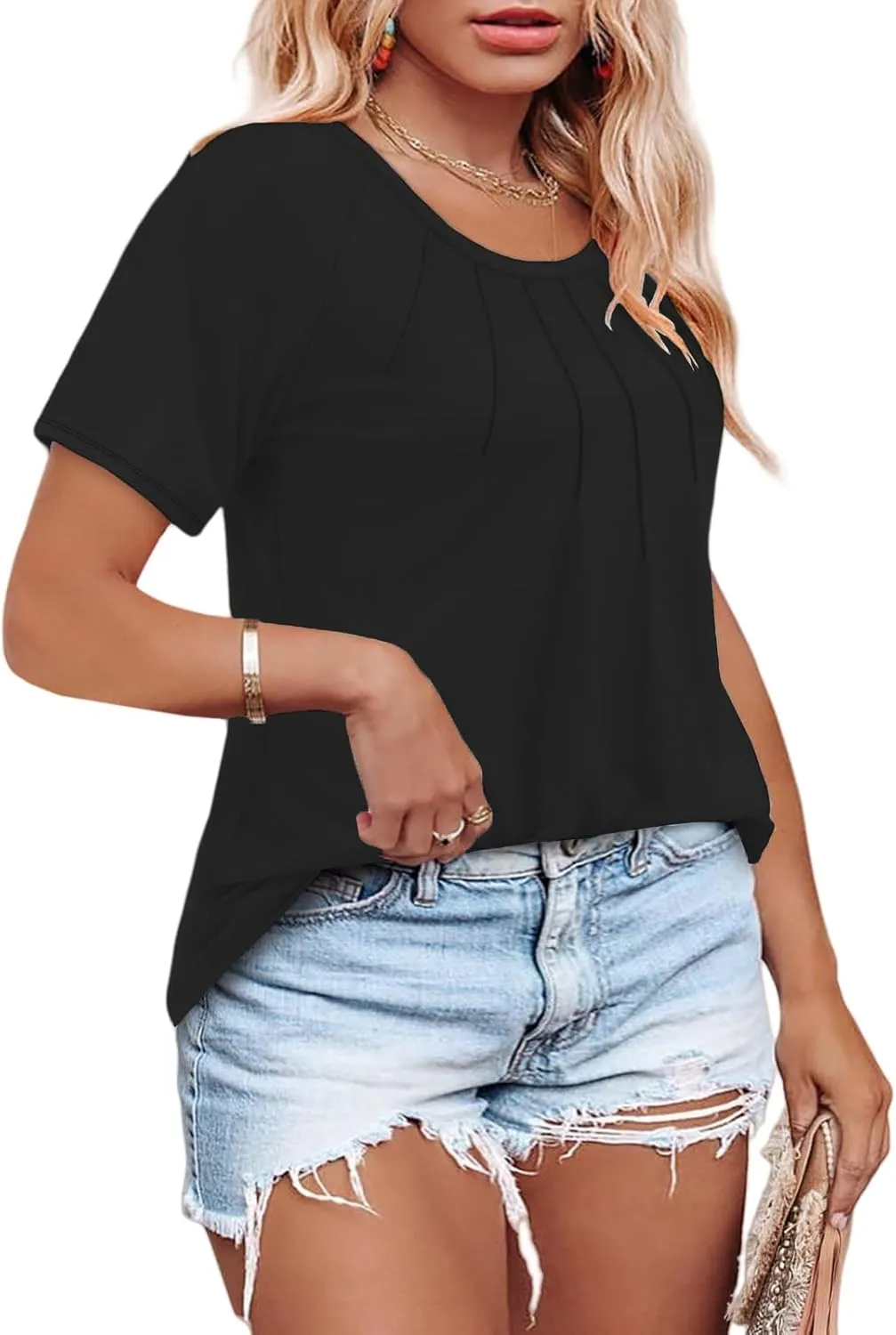 ROSRISS Plus Size Tops for Women Summer Casual Pleated Tees Cute Short Sleeve T Shirts Crew Neck Blouses XL-5XL