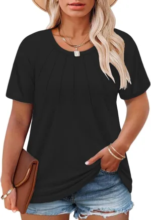 ROSRISS Plus Size Tops for Women Summer Casual Pleated Tees Cute Short Sleeve T Shirts Crew Neck Blouses XL-5XL