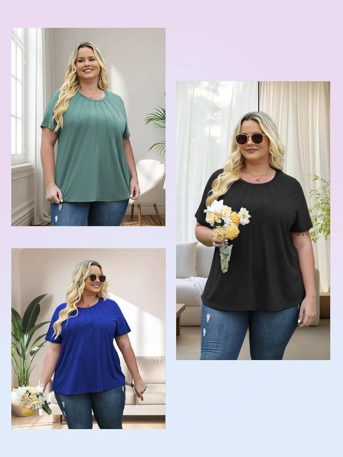 ROSRISS Plus Size Tops for Women Summer Casual Pleated Tees Cute Short Sleeve T Shirts Crew Neck Blouses XL-5XL