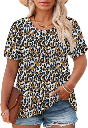 ROSRISS Plus Size Tops for Women Summer Casual Pleated Tees Cute Short Sleeve T Shirts Crew Neck Blouses XL-5XL