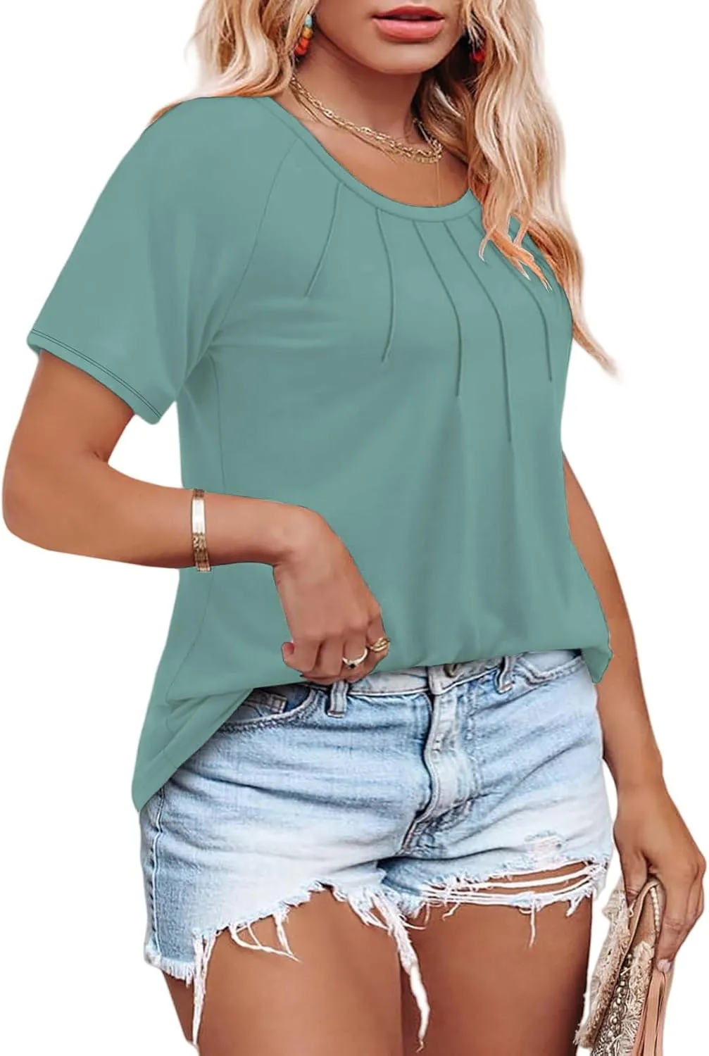 ROSRISS Plus Size Tops for Women Summer Casual Pleated Tees Cute Short Sleeve T Shirts Crew Neck Blouses XL-5XL