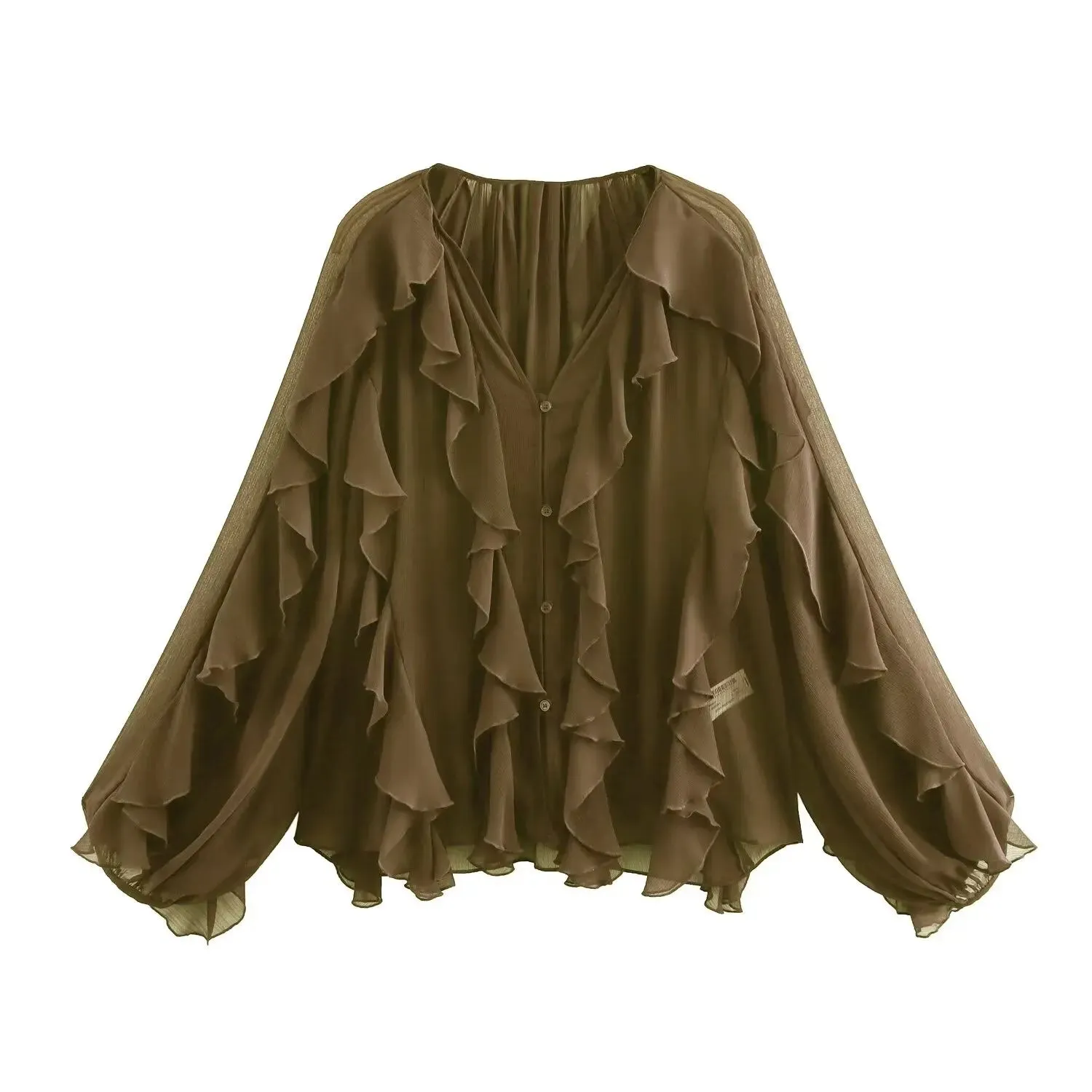 Senara Flared Ruffle Blouse  Feminine V-Neck Shirt in Claret, Green, Cream & Black