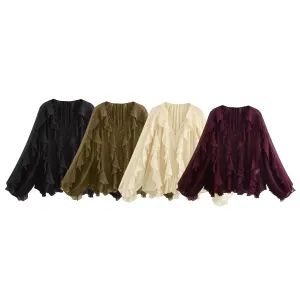 Senara Flared Ruffle Blouse  Feminine V-Neck Shirt in Claret, Green, Cream & Black