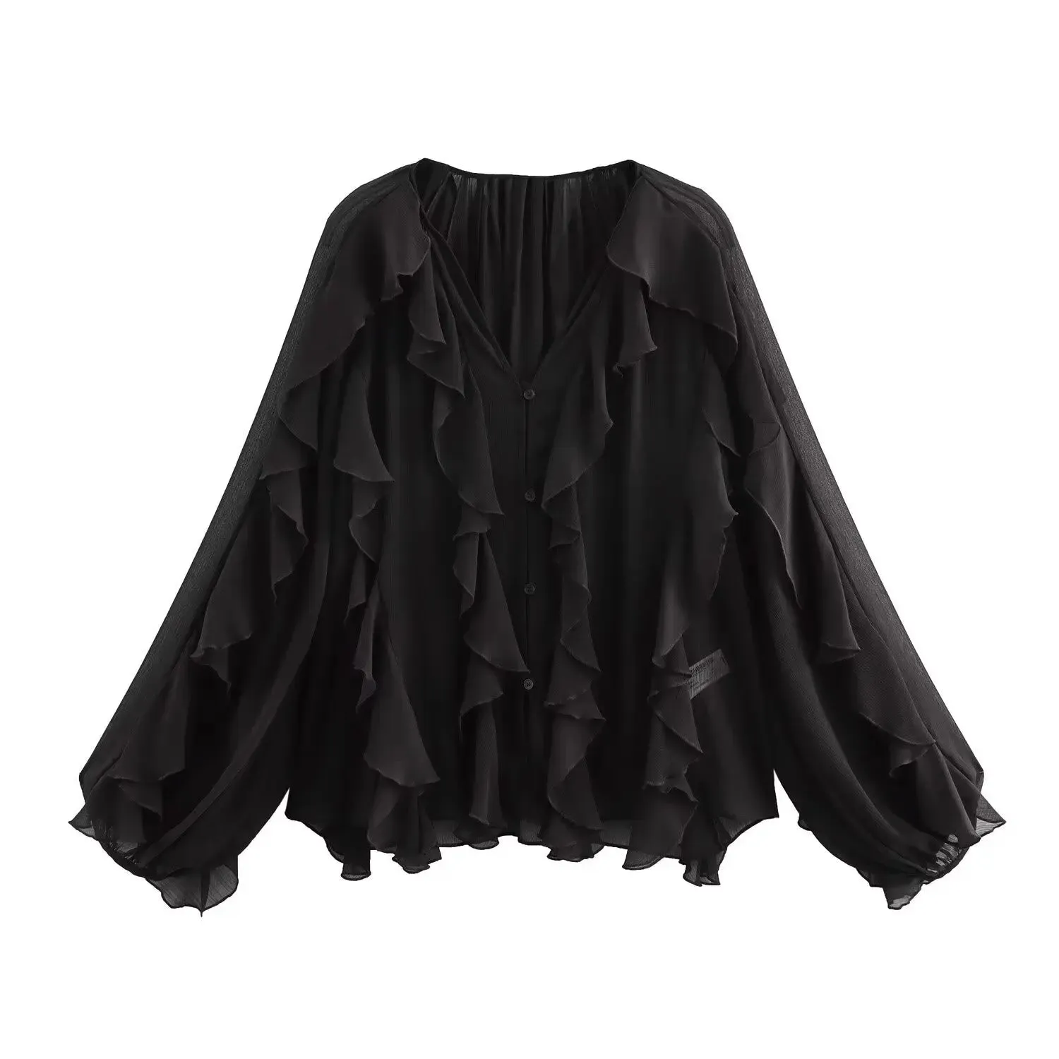 Senara Flared Ruffle Blouse  Feminine V-Neck Shirt in Claret, Green, Cream & Black