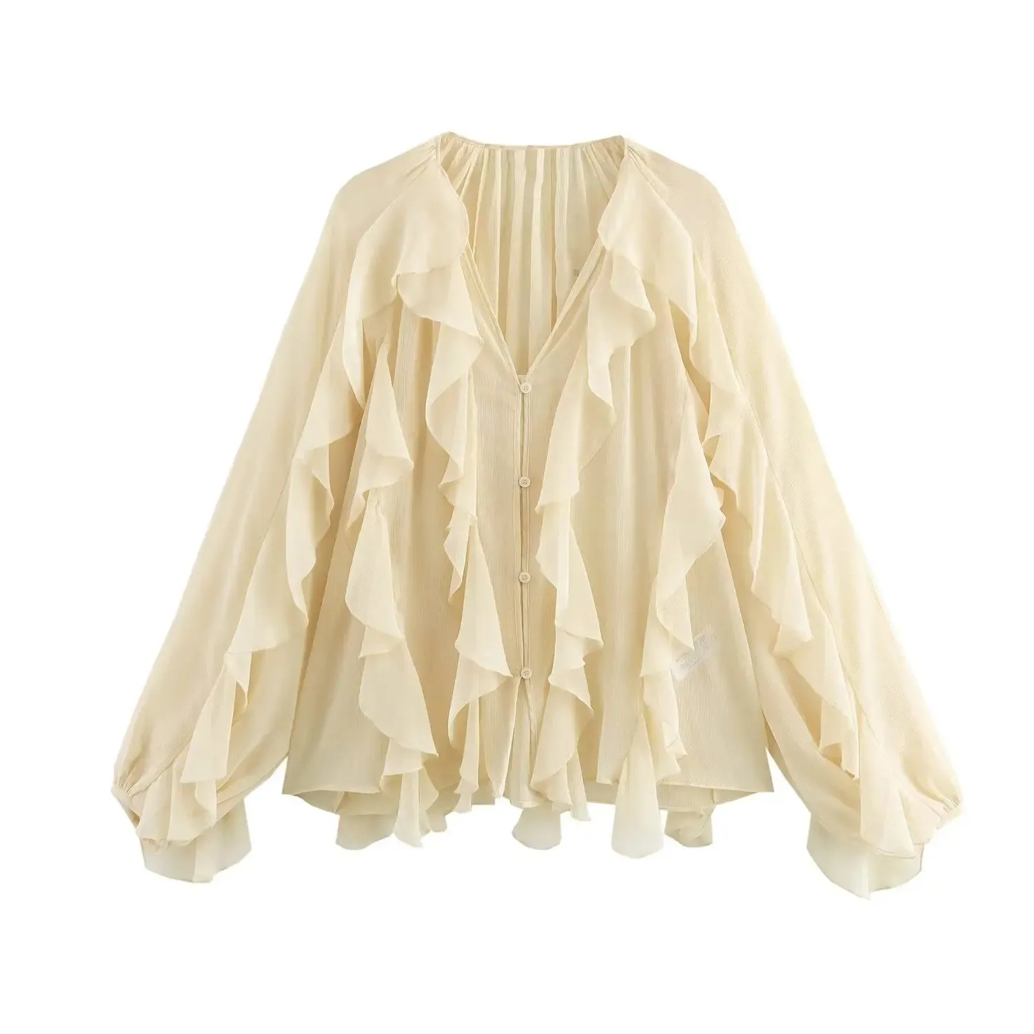 Senara Flared Ruffle Blouse  Feminine V-Neck Shirt in Claret, Green, Cream & Black
