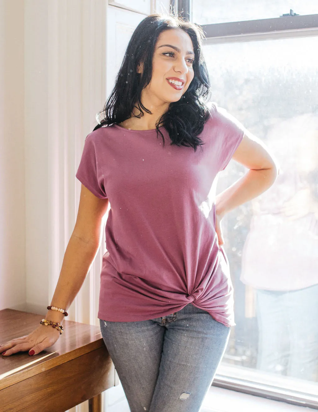 SITA twist front tee in Mulberry