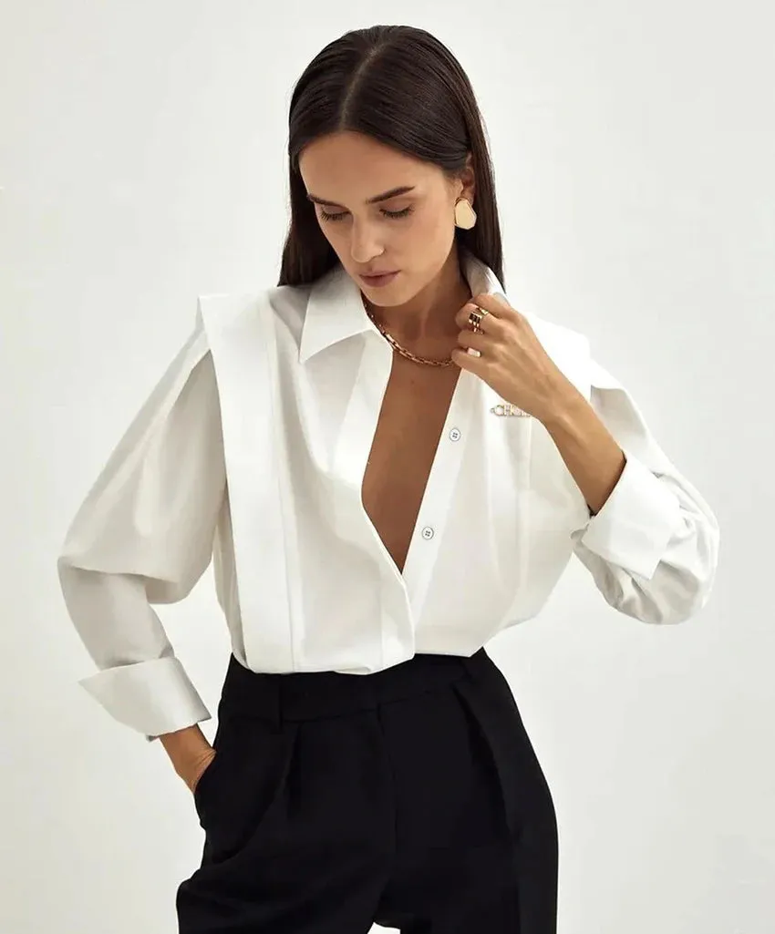 Solne Tailored Blouse in White or Black  Long Sleeve Button-Up Shirt for Women