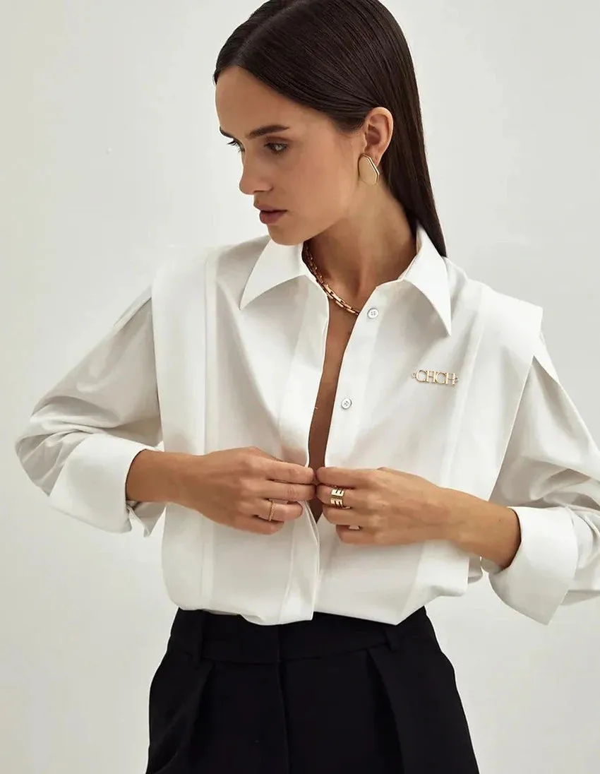 Solne Tailored Blouse in White or Black  Long Sleeve Button-Up Shirt for Women