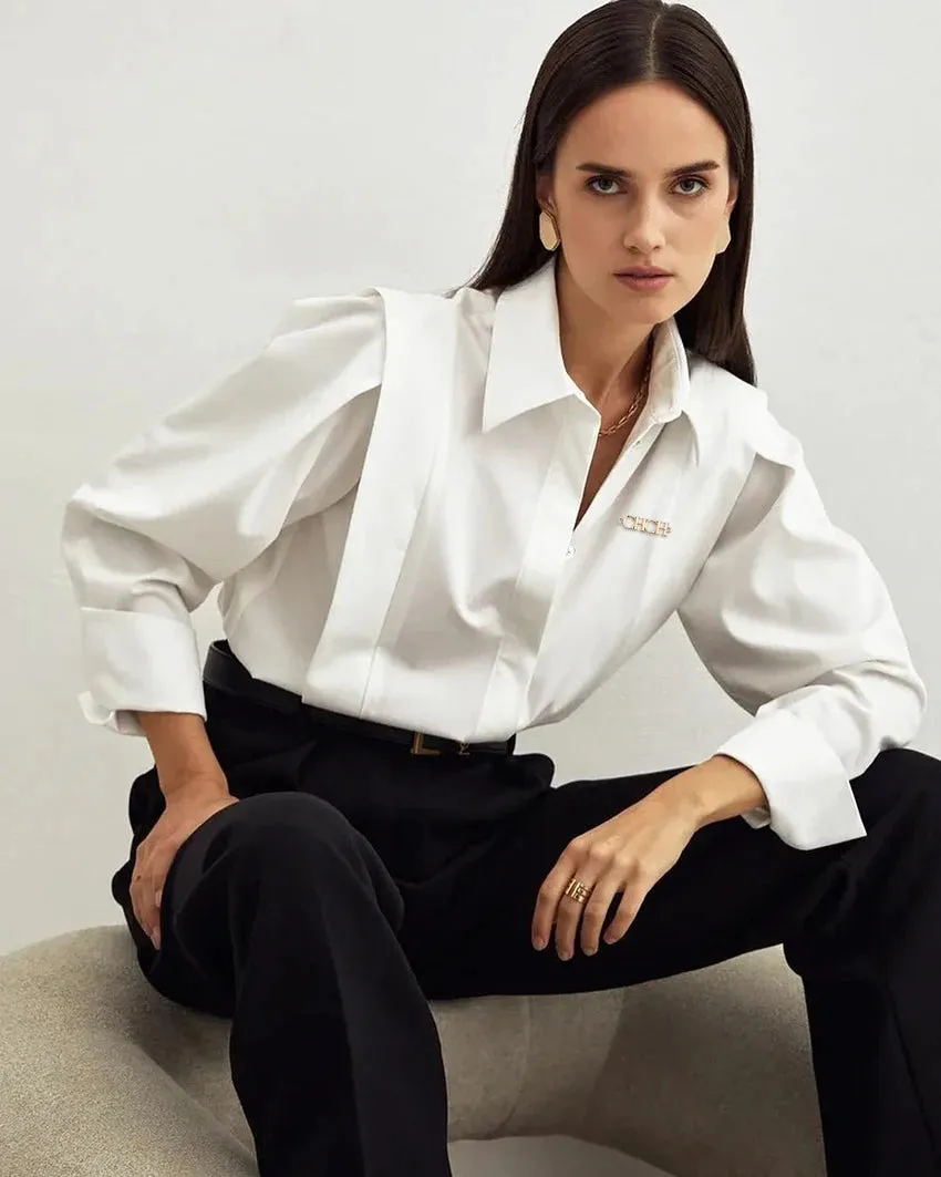 Solne Tailored Blouse in White or Black  Long Sleeve Button-Up Shirt for Women
