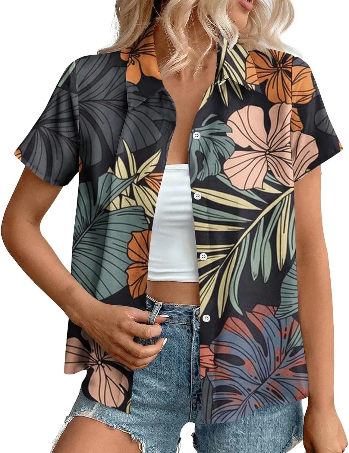 Summer Hawaii Shirts for Women Cool Floral Tropic Print V Neck Tops Button Up T-Shirt Trendy Beach Vacation Blouse