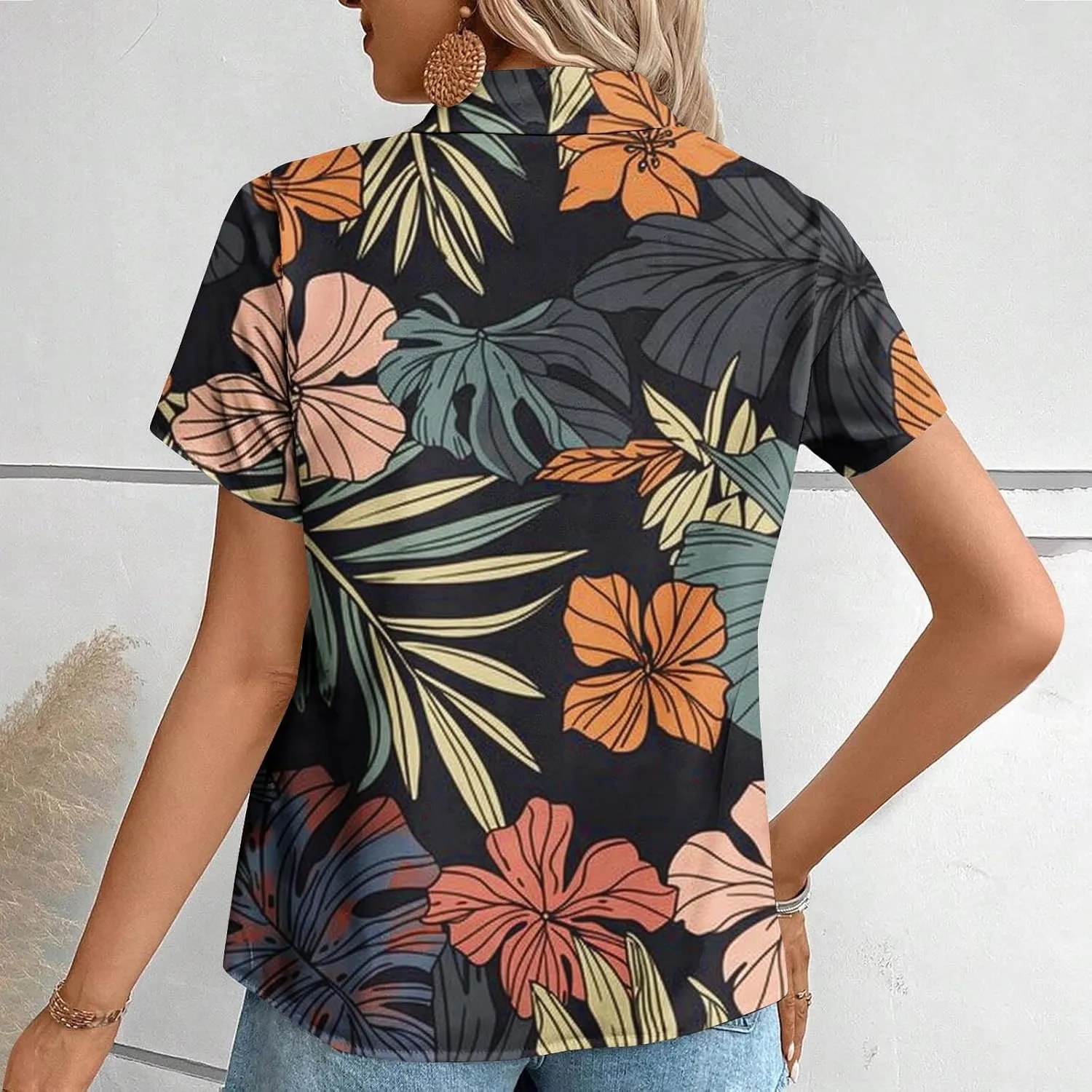 Summer Hawaii Shirts for Women Cool Floral Tropic Print V Neck Tops Button Up T-Shirt Trendy Beach Vacation Blouse