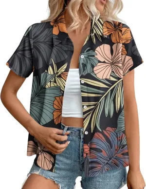 Summer Hawaii Shirts for Women Cool Floral Tropic Print V Neck Tops Button Up T-Shirt Trendy Beach Vacation Blouse