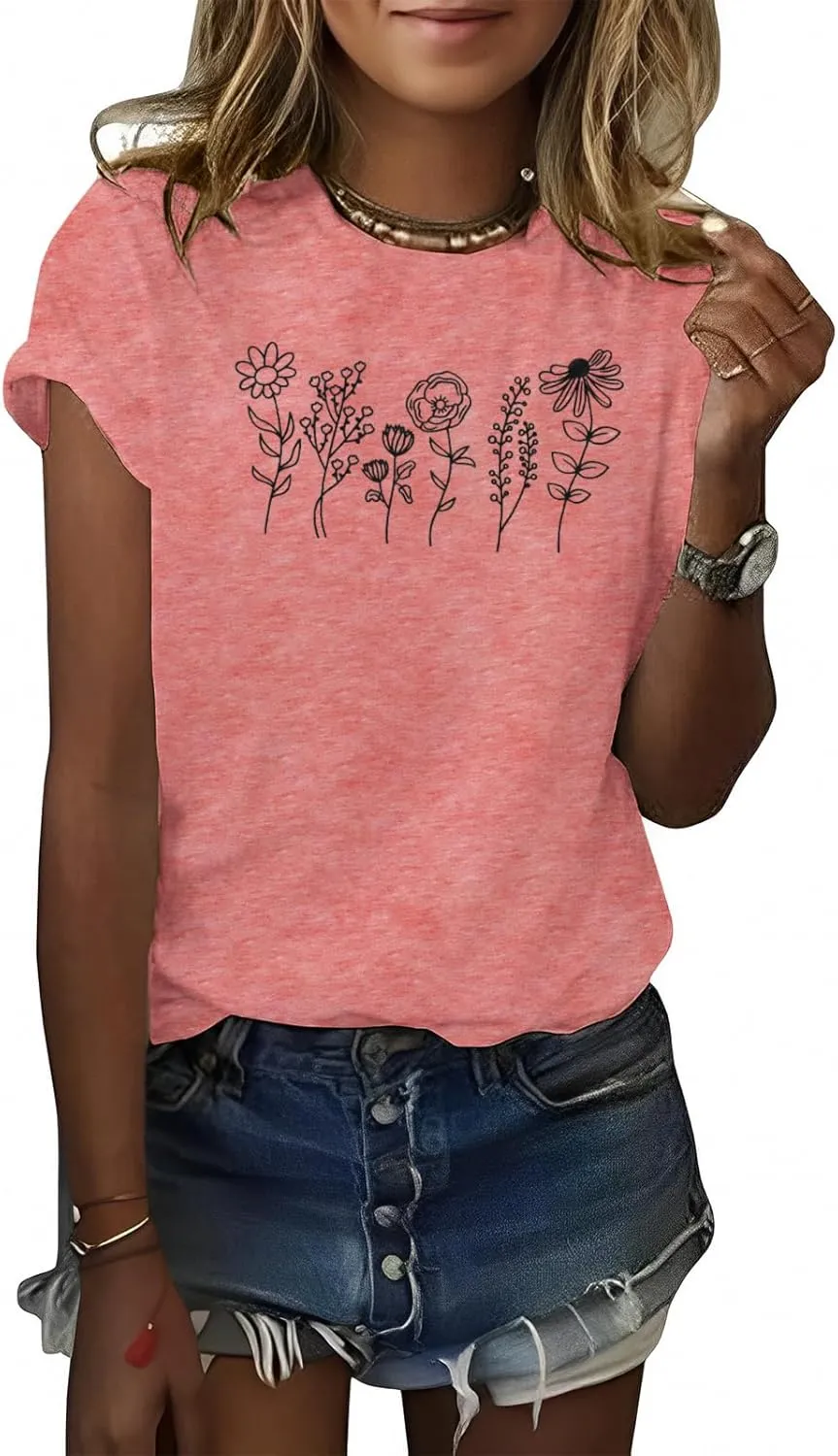 Women's Floral Tee Wildflower Graphic T Shirt Summer Flower Casual Loose Top Crew Neck Short Sleeve Shirts Tees