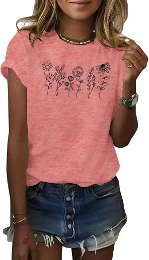 Women's Floral Tee Wildflower Graphic T Shirt Summer Flower Casual Loose Top Crew Neck Short Sleeve Shirts Tees