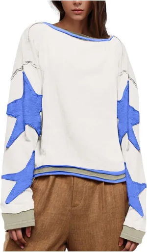 Womens Oversized Star Hoodies Long Sleeve Casual Shirts Drop Shoulder Vintage Graphic Pullover Sweatshirt Y2k Tops